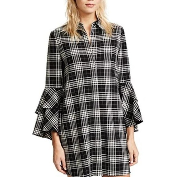 Alice + Olivia Jem Plaid Ruffle Bell Sleeve Button Shirt Dress Black Women's S/P - Picture 2 of 13